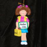 First Day of School Christmas Ornament Brunette Female Personalized FREE at PersonalizedOrnamentsMarket.com by Russell Rhodes