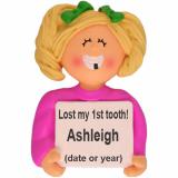 Lost a Tooth, Female Blonde Christmas Ornament Blond Female Personalized FREE at PersonalizedOrnamentsMarket.com by Russell Rhodes