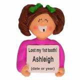 Lost a Tooth, Female Brown Christmas Ornament Brunette Female Personalized FREE at PersonalizedOrnamentsMarket.com by Russell Rhodes