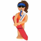 Lifeguard Christmas Ornament Brunette Female Personalized FREE at PersonalizedOrnamentsMarket.com by Russell Rhodes