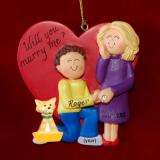 Engagement Christmas Ornament Brunette Male Blond Female wih Pets Personalized FREE at PersonalizedOrnamentsMarket.com by Russell Rhodes