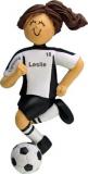 Soccer Christmas Ornament Brunette Female Black Uniform Personalized FREE at PersonalizedOrnamentsMarket.com by Russell Rhodes