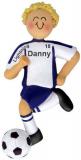 Soccer Christmas Ornament Blond Male Blue Uniform Personalized FREE at PersonalizedOrnamentsMarket.com by Russell Rhodes