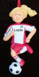 Soccer Christmas Ornament Blond Female Red Uniform Personalized FREE at PersonalizedOrnamentsMarket.com by Russell Rhodes