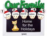 Family Christmas Ornament Holiday Frame for 5 with 1 Dog, Cat, Pets Custom Add-ons Personalized FREE at PersonalizedOrnamentsMarket.com by Russell Rhodes