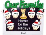 Family Christmas Ornament Holiday Frame for 6 with 1 Dog, Cat, Pets Custom Add-ons Personalized FREE at PersonalizedOrnamentsMarket.com by Russell Rhodes