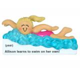 Kids Christmas Ornament Blond Female Learns to Swim Personalized FREE at PersonalizedOrnamentsMarket.com by Russell Rhodes