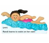 Kids Christmas Ornament Brunette Female Learns to Swim Personalized FREE at PersonalizedOrnamentsMarket.com by Russell Rhodes