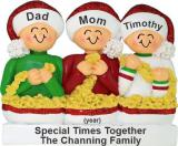 Stringing Popcorn Family of 3 Christmas Ornament Personalized FREE at PersonalizedOrnamentsMarket.com by Russell Rhodes