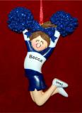 Cheerleader Christmas Ornament Brunette Female Blue Uniform Personalized FREE at PersonalizedOrnamentsMarket.com by Russell Rhodes