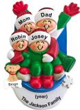 Sledding Family Christmas Ornament for 4 with Dogs, Cats, Pets Custom Added Personalized FREE at PersonalizedOrnamentsMarket.com by Russell Rhodes