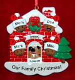 Black Family of 4 Christmas Ornament Home for the Holidays with 1 Dog, Cat, Pets Custom Add-ons Personalized FREE at PersonalizedOrnamentsMarket.com by Russell Rhodes