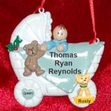 Brunette Baby Boy Christmas Ornament with Pet Personalized FREE at PersonalizedOrnamentsMarket.com by Russell Rhodes