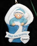 Baby Boy Christmas Ornament Swaddled in Blue Personalized FREE at PersonalizedOrnamentsMarket.com by Russell Rhodes