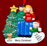 Family of 3 Pregnant Expecting 2nd Child Personalized Christmas Ornament Male Brunette Female Blond with Dogs, Cats, Pets Custom Added Personalized FREE at PersonalizedOrnamentsMarket.com by Russell Rhodes