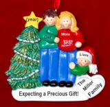 Family of 3 Pregnant Expecting 2nd Child Personalized Christmas Ornament Male Brunette Female Blond Personalized FREE at PersonalizedOrnamentsMarket.com by Russell Rhodes