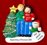 Family of 3 Pregnant Expecting 2nd Child Christmas Ornament Male Blond Female Brunette Personalized FREE at PersonalizedOrnamentsMarket.com by Russell Rhodes