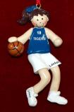 Basketball Christmas Ornament Blue Jersey Female Brunette Personalized FREE at PersonalizedOrnamentsMarket.com by Russell Rhodes