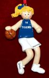 Basketball Christmas Ornament Blue Jersey Female Blond Personalized FREE at PersonalizedOrnamentsMarket.com by Russell Rhodes