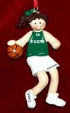 Basketball Christmas Ornament Green Jersey Female Brunette Personalized FREE at PersonalizedOrnamentsMarket.com by Russell Rhodes