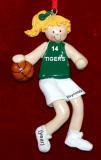 Basketball Christmas Ornament Green Jersey Female Blond Personalized FREE at PersonalizedOrnamentsMarket.com by Russell Rhodes