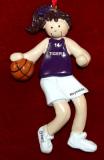 Basketball Christmas Ornament Purple Jersey Female Brunette Personalized FREE at PersonalizedOrnamentsMarket.com by Russell Rhodes