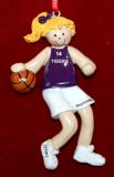 Basketball Christmas Ornament Purple Jersey Female Blond Personalized FREE at PersonalizedOrnamentsMarket.com by Russell Rhodes