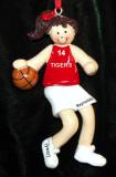 Basketball Christmas Ornament Red Jersey Female Brunette Personalized FREE at PersonalizedOrnamentsMarket.com by Russell Rhodes