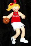 Basketball Christmas Ornament Red Jersey Female Blond Personalized FREE at PersonalizedOrnamentsMarket.com by Russell Rhodes