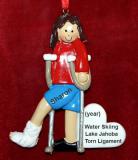 Broken or Sprained Ankle Christmas Ornament Brunette Female Personalized FREE at PersonalizedOrnamentsMarket.com by Russell Rhodes