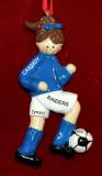 Soccer Christmas Ornament Brunette Female Blue & White Personalized FREE at PersonalizedOrnamentsMarket.com by Russell Rhodes