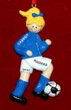 Soccer Christmas Ornament Blond Female Blue Uniform Personalized FREE at PersonalizedOrnamentsMarket.com by Russell Rhodes