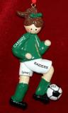 Soccer Christmas Ornament Brunette Female Green Uniform Personalized FREE at PersonalizedOrnamentsMarket.com by Russell Rhodes