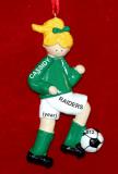 Soccer Christmas Ornament Blond Female Green Uniform Personalized FREE at PersonalizedOrnamentsMarket.com by Russell Rhodes