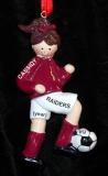 Soccer Christmas Ornament Brunette Female Maroon Uniform Personalized FREE at PersonalizedOrnamentsMarket.com by Russell Rhodes