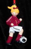 Soccer Christmas Ornament Blond Female Maroon Uniform Personalized FREE at PersonalizedOrnamentsMarket.com by Russell Rhodes