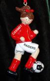 Soccer Christmas Ornament Brunette Female Red Uniform Personalized FREE at PersonalizedOrnamentsMarket.com by Russell Rhodes