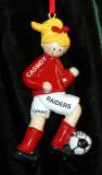 Soccer Christmas Ornament Blond Female Red Uniform Personalized FREE at PersonalizedOrnamentsMarket.com by Russell Rhodes