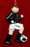 Soccer Christmas Ornament  Brunette Male Black Uniform Personalized FREE at PersonalizedOrnamentsMarket.com by Russell Rhodes