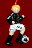 Soccer Christmas Ornament  Blond Male Black Uniform Personalized FREE at PersonalizedOrnamentsMarket.com by Russell Rhodes