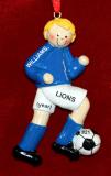 Soccer Christmas Ornament  Blond Male Blue Uniform Personalized FREE at PersonalizedOrnamentsMarket.com by Russell Rhodes