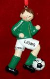 Soccer Christmas Ornament  Brunette Male Green Uniform Personalized FREE at PersonalizedOrnamentsMarket.com by Russell Rhodes