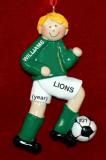 Soccer Christmas Ornament  Blond Male Green Uniform Personalized FREE at PersonalizedOrnamentsMarket.com by Russell Rhodes