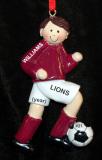 Soccer Christmas Ornament  Brunette Male Maroon Uniform Personalized FREE at PersonalizedOrnamentsMarket.com by Russell Rhodes