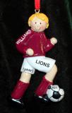 Soccer Christmas Ornament  Blond Male Maroon Uniform Personalized FREE at PersonalizedOrnamentsMarket.com by Russell Rhodes