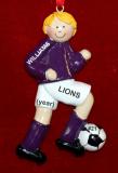 Soccer Christmas Ornament  Blond Male Purple Uniform Personalized FREE at PersonalizedOrnamentsMarket.com by Russell Rhodes