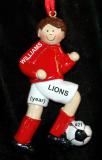 Soccer Christmas Ornament  Brunette Male Red Uniform Personalized FREE at PersonalizedOrnamentsMarket.com by Russell Rhodes