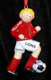 Soccer Christmas Ornament  Blond Male Red Uniform Personalized FREE at PersonalizedOrnamentsMarket.com by Russell Rhodes