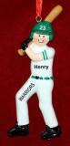 Baseball Christmas Ornament Male Green & White Personalized FREE at PersonalizedOrnamentsMarket.com by Russell Rhodes