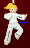 Martial Arts Karate Christmas Ornament Blond Female Blue Belt Personalized FREE at PersonalizedOrnamentsMarket.com by Russell Rhodes